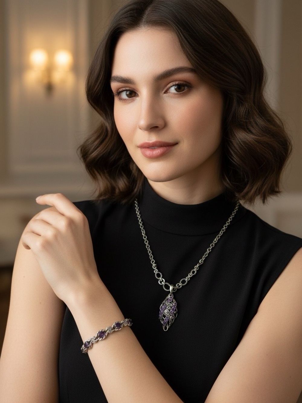 Carolyn Pollack Sterling Silver 925 6 Faceted Amethyst Bracelet and necklace set
